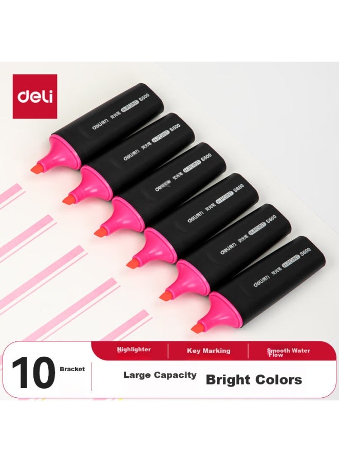 Deli Pink Highlighter Pen For Exam Review, Marking Key Points, Memorization, Logistics, Office, Student Use, Water-based Marker, Suitable For Journaling And Drawing, 10 Pieces - Image 1