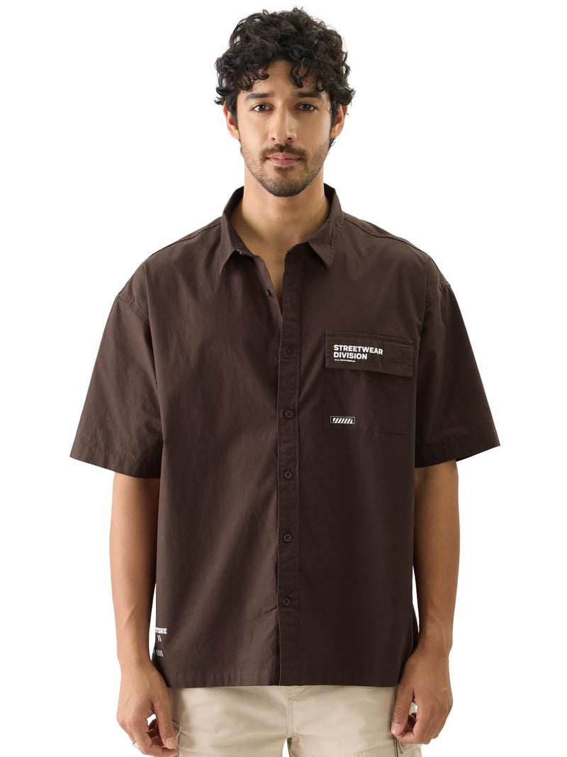 The Souled Store Street Division Cotton Short Sleeve Collared Neck Button Down Oversized Fit Shirts for Men and Boys - Perfect for Stylish Comfortable Everyday Wear Brown - Image 1