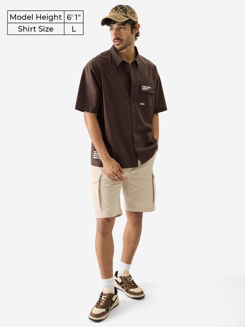 The Souled Store Street Division Cotton Short Sleeve Collared Neck Button Down Oversized Fit Shirts for Men and Boys - Perfect for Stylish Comfortable Everyday Wear Brown - Image 2