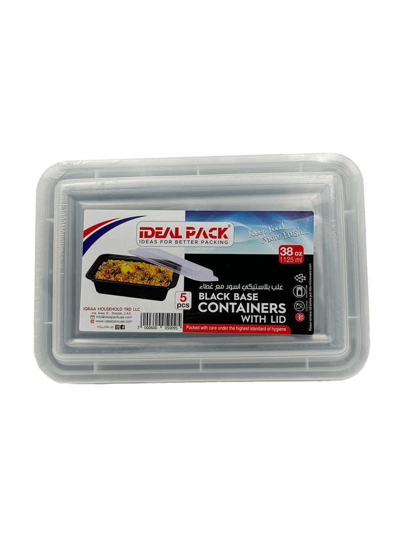 Ideal Pack Black Base Rectangular Food Containers with Lids – 38 oz | 5 Pack | Reusable Meal Prep Containers - Image 1