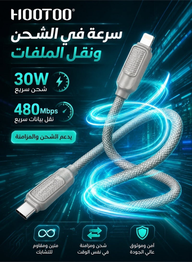 HooToo Type-C charging cable for iPhone, gray color, 30W power, supports Type-C ports, supports iPhone and iPad devices, fast charging cable iPhone to Type-C, durable and heat-resistant, Type-C charging cable for iPhone charger, Type-C charging cable, original iPhone charger, iPhone charging cable, iPhone charging cable, iPhone Type-C original charger cable, iPhone charging cable, iPhone charger cable, portable cable for iPhone, iPad cable, Type-C cable. - Image 1