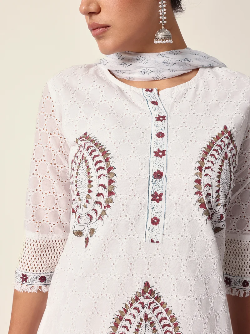 ISHIN Women's White Cotton Textured Tunic Full Palazzo Regular Fit Kurta Set