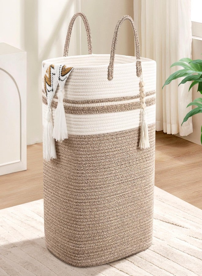 Brishtl® Woven Laundry Basket For Clothes, 40L Large Rectangle Laundry Hampers With Beads Tassel, Nursery Storage Basket For Toys, Tall Dirty Clothes Hamper For Bedroom, Laundry Room (Brown&White) - Image 1