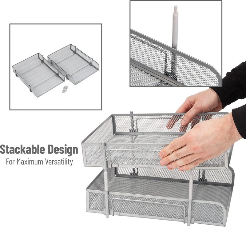 Mind Reader Network Collection, 2-Tier Paper Tray, Letter Size, Stackable, File and Document Holder, Desktop Organizer, Metal Mesh, 13.25" L x 10.5" W x 7.5" H, Silver - Image 4