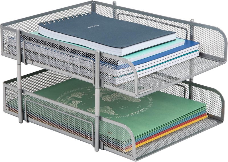 Mind Reader Network Collection, 2-Tier Paper Tray, Letter Size, Stackable, File and Document Holder, Desktop Organizer, Metal Mesh, 13.25" L x 10.5" W x 7.5" H, Silver - Image 1