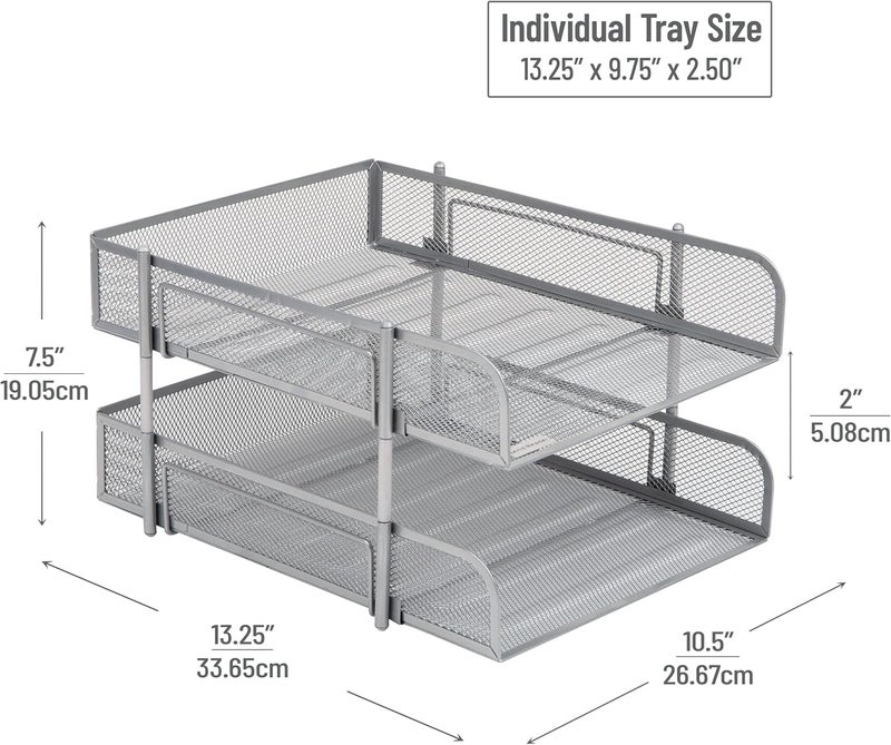 Mind Reader Network Collection, 2-Tier Paper Tray, Letter Size, Stackable, File and Document Holder, Desktop Organizer, Metal Mesh, 13.25" L x 10.5" W x 7.5" H, Silver - Image 3