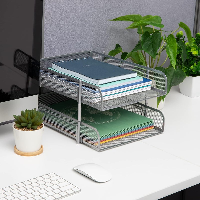 Mind Reader Network Collection, 2-Tier Paper Tray, Letter Size, Stackable, File and Document Holder, Desktop Organizer, Metal Mesh, 13.25" L x 10.5" W x 7.5" H, Silver - Image 2