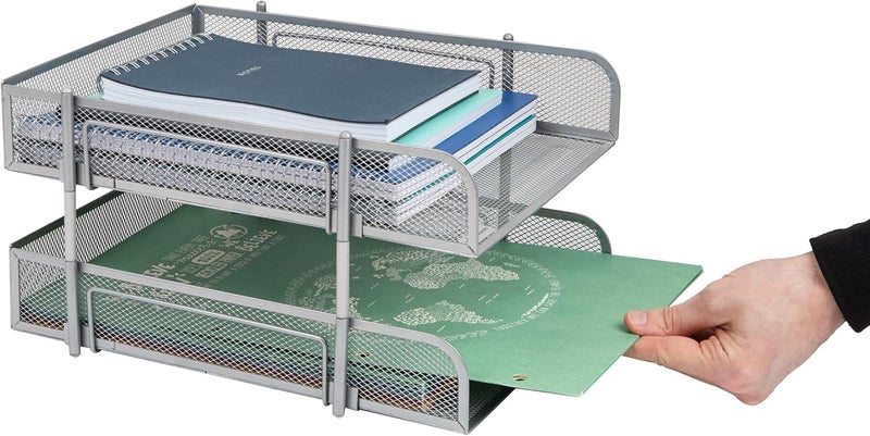 Mind Reader Network Collection, 2-Tier Paper Tray, Letter Size, Stackable, File and Document Holder, Desktop Organizer, Metal Mesh, 13.25" L x 10.5" W x 7.5" H, Silver - Image 5