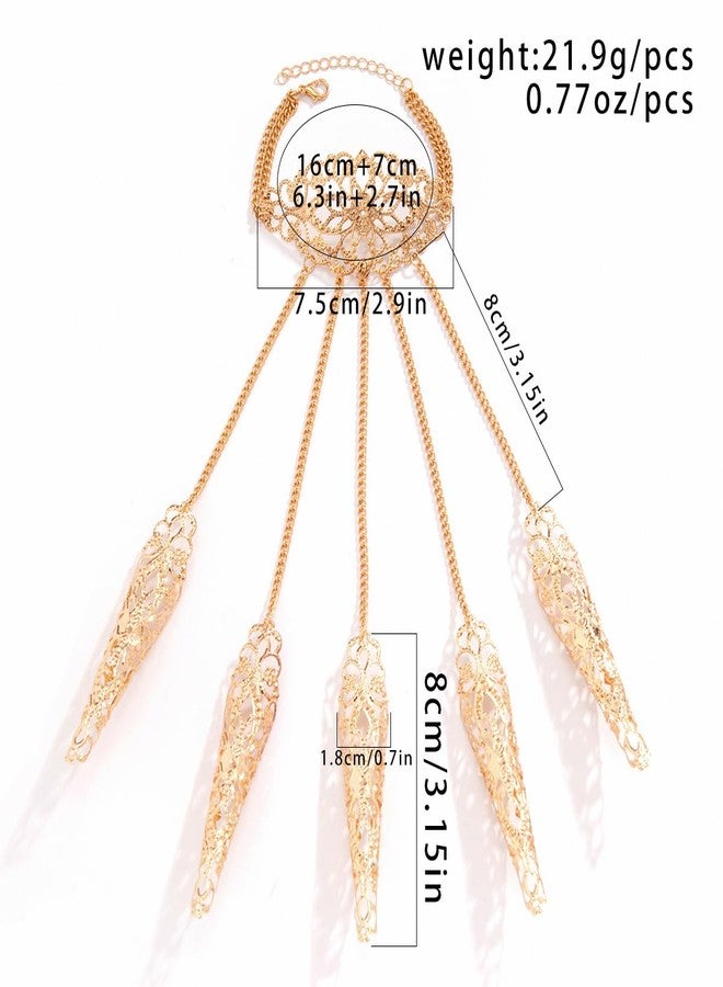 Jumwrit Hollow Finger Nail Tip Claw Bracelet Ancient Queen Halloween Cosplay Indian Egyptian Belly Dance Bracelet Flower Layered Tassel Hand Chain Vintage Accessories for Women (Gold) - Image 5