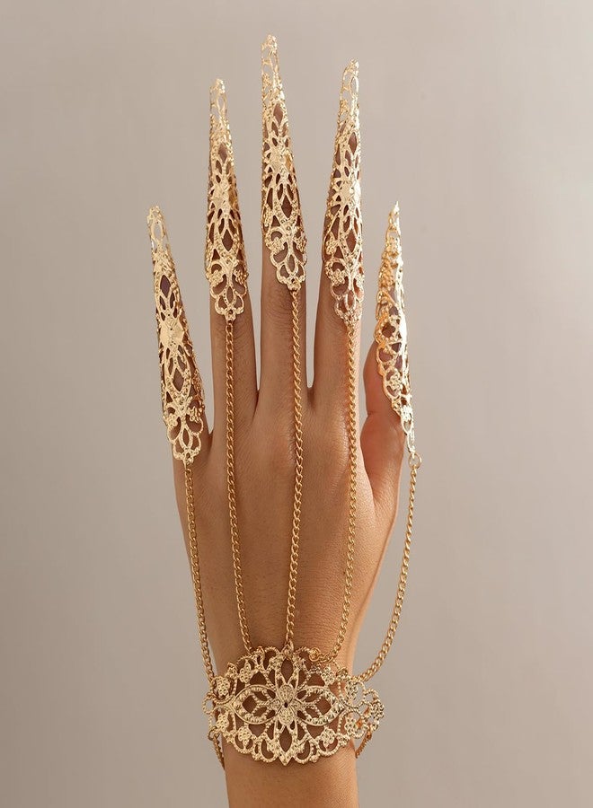 Jumwrit Hollow Finger Nail Tip Claw Bracelet Ancient Queen Halloween Cosplay Indian Egyptian Belly Dance Bracelet Flower Layered Tassel Hand Chain Vintage Accessories for Women (Gold) - Image 3