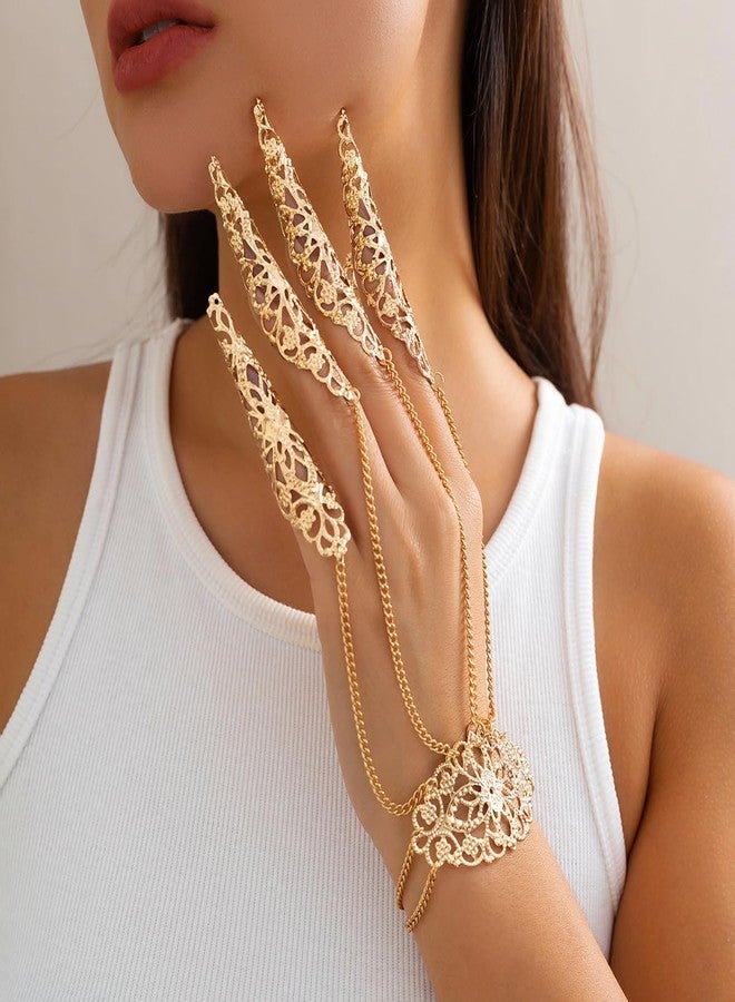 Jumwrit Hollow Finger Nail Tip Claw Bracelet Ancient Queen Halloween Cosplay Indian Egyptian Belly Dance Bracelet Flower Layered Tassel Hand Chain Vintage Accessories for Women (Gold) - Image 2