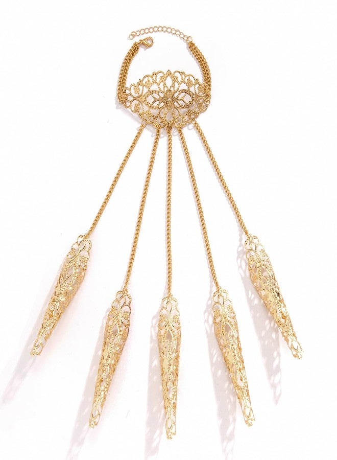 Jumwrit Hollow Finger Nail Tip Claw Bracelet Ancient Queen Halloween Cosplay Indian Egyptian Belly Dance Bracelet Flower Layered Tassel Hand Chain Vintage Accessories for Women (Gold) - Image 4