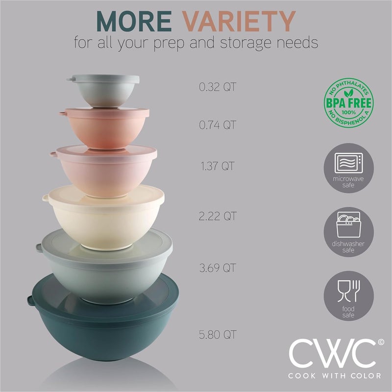 COOK WITH COLOR Mixing Bowls with TPR Lids - 12 Piece Plastic Nesting Bowls Set includes 6 Prep Bowls and 6 Lids, Microwave Safe (Teal) - Image 2