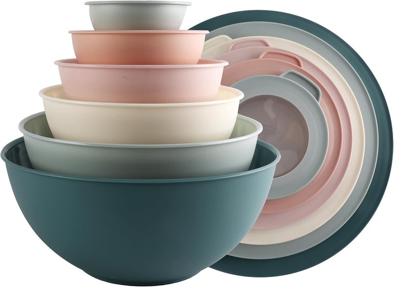 COOK WITH COLOR Mixing Bowls with TPR Lids - 12 Piece Plastic Nesting Bowls Set includes 6 Prep Bowls and 6 Lids, Microwave Safe (Teal) - Image 1