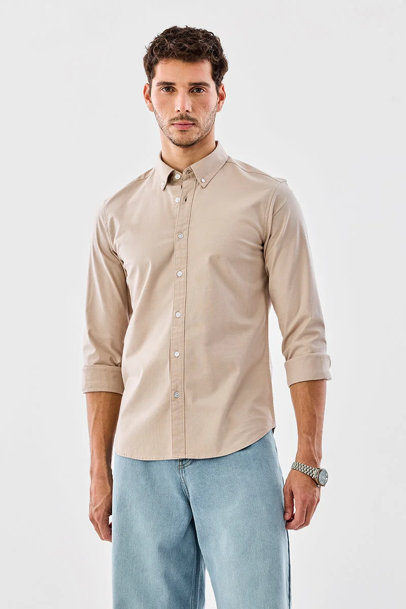 SNITCH Beige Solid Long Sleeve Slim Fit Shirt