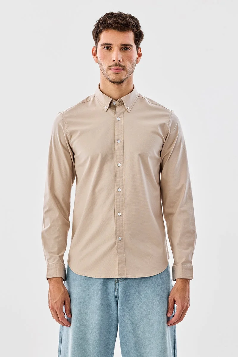 SNITCH Beige Solid Long Sleeve Slim Fit Shirt