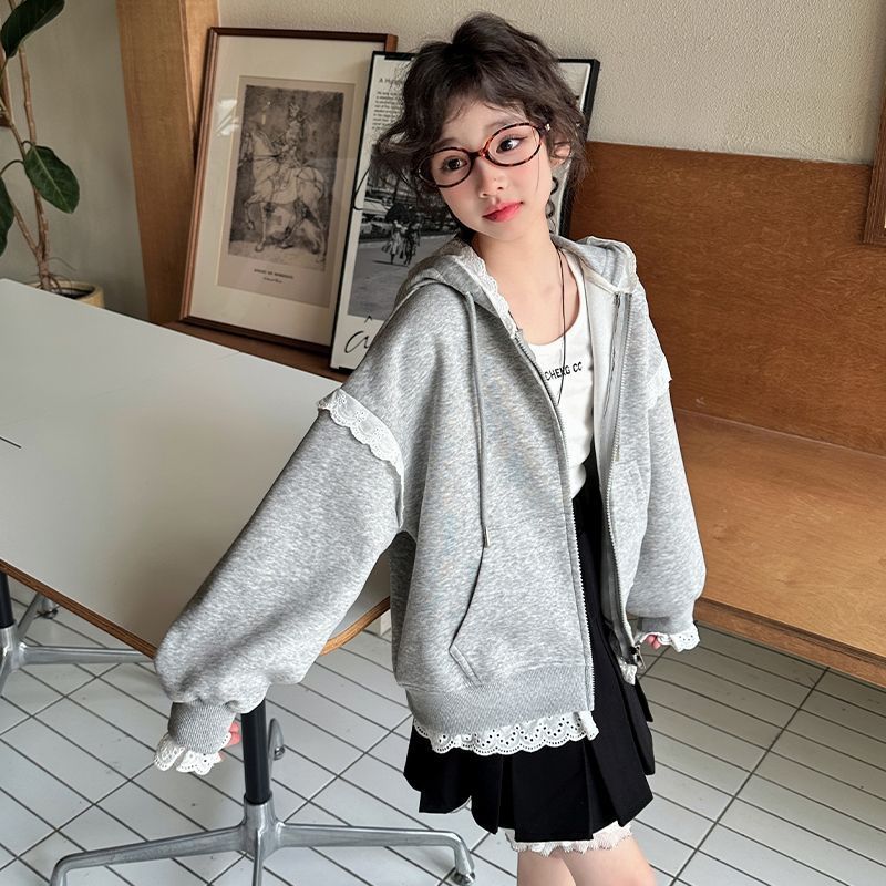 Womens Treasure Korean-style Lace Top Big Childrens Spring New Solid Color Fashion Stylish Hooded Long-sleeved Cardigan Trendy Gray coat 