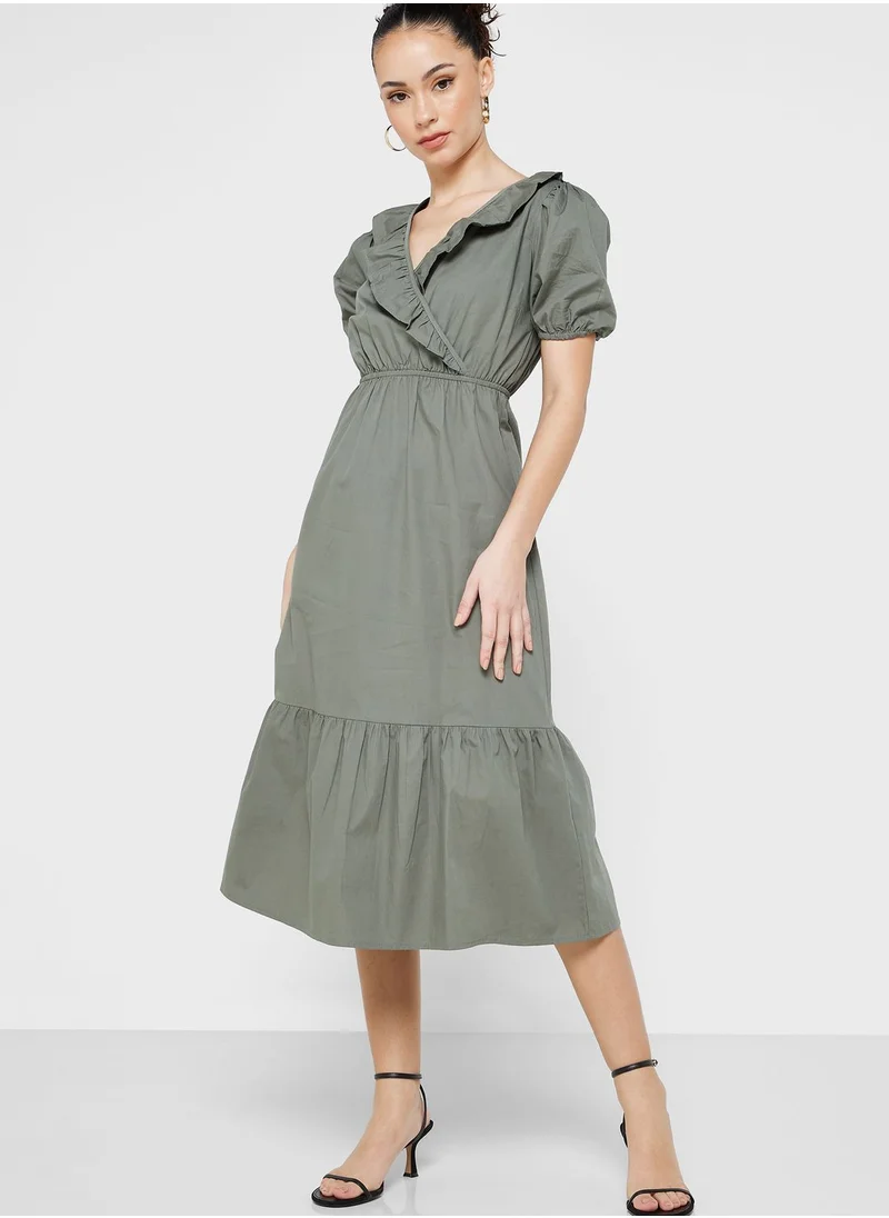 River Island Petite Puff Sleeve Surplice Neck Tiered Dress