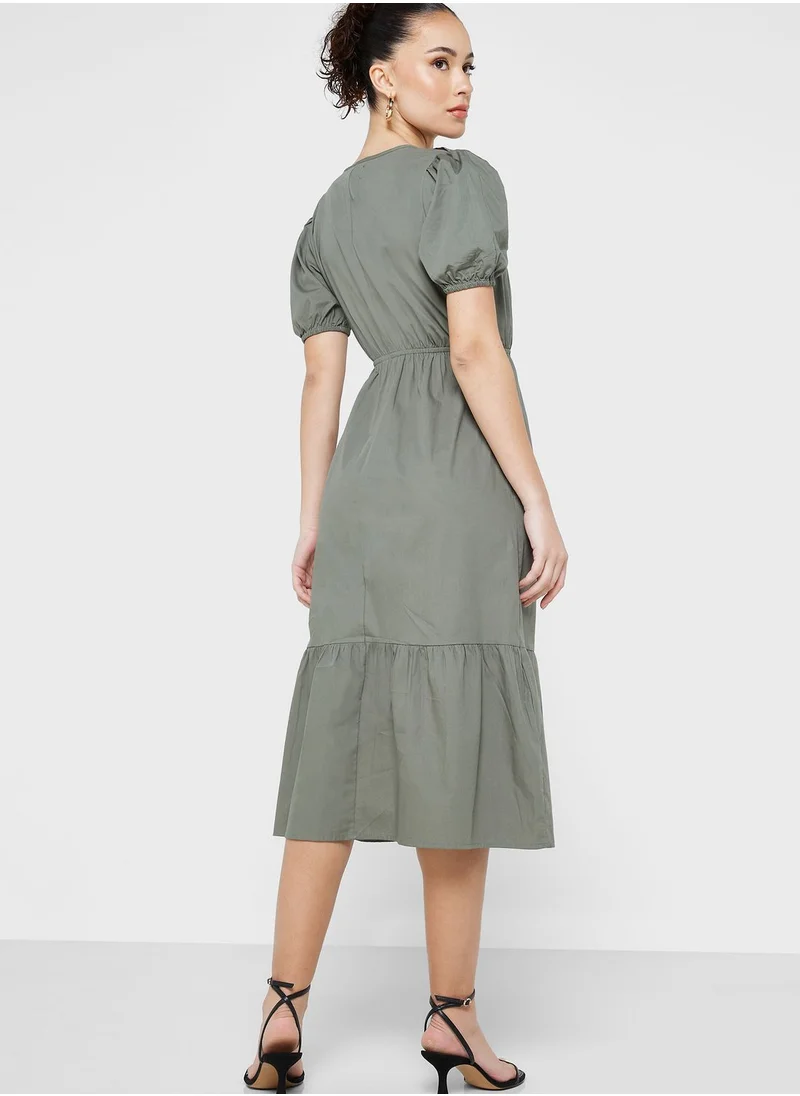 River Island Petite Puff Sleeve Surplice Neck Tiered Dress