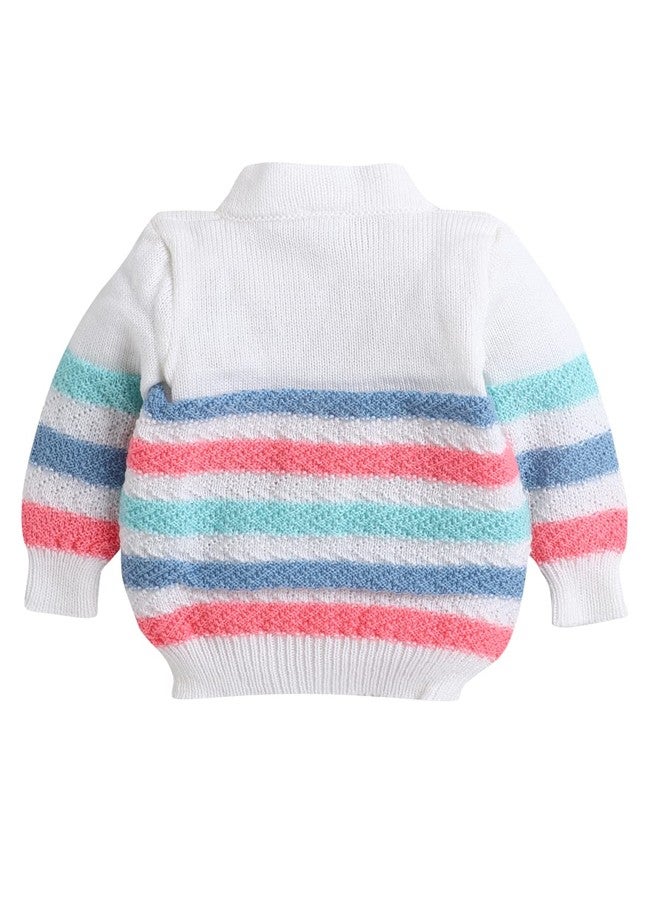 Little Angels Baby Sweater Set - 3 Pcs Woollen Full Sleeves V-Neck Textured Striped Sweater, Cap & Socks for Baby Girls 0 to 3 Months (White & Neon Pink) - Image 5