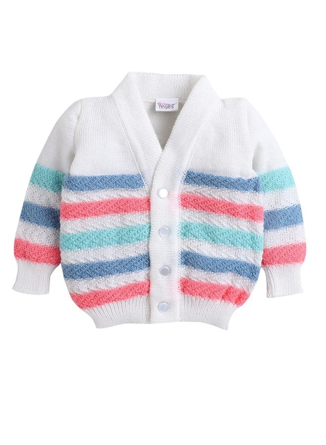 Little Angels Baby Sweater Set - 3 Pcs Woollen Full Sleeves V-Neck Textured Striped Sweater, Cap & Socks for Baby Girls 0 to 3 Months (White & Neon Pink) - Image 4