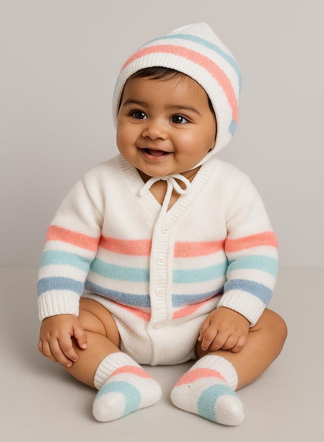 Little Angels Baby Sweater Set - 3 Pcs Woollen Full Sleeves V-Neck Textured Striped Sweater, Cap & Socks for Baby Girls 0 to 3 Months (White & Neon Pink) - Image 3