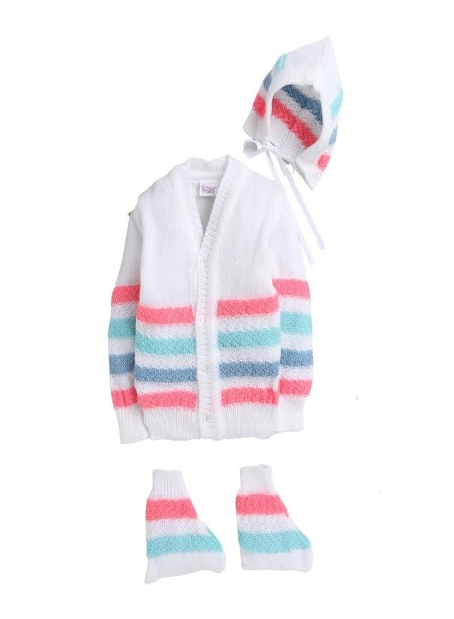 Little Angels Baby Sweater Set - 3 Pcs Woollen Full Sleeves V-Neck Textured Striped Sweater, Cap & Socks for Baby Girls 0 to 3 Months (White & Neon Pink) - Image 1
