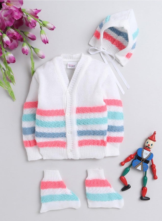 Little Angels Baby Sweater Set - 3 Pcs Woollen Full Sleeves V-Neck Textured Striped Sweater, Cap & Socks for Baby Girls 0 to 3 Months (White & Neon Pink) - Image 2