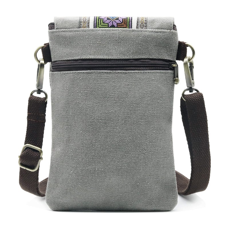 SILKAREA Vintage Embroidered Canvas Flip Small Crossbody Bag Cell Phone Pouch for Women Wristlet Wallet Bag Coin Purse (Light Grey) - Image 2