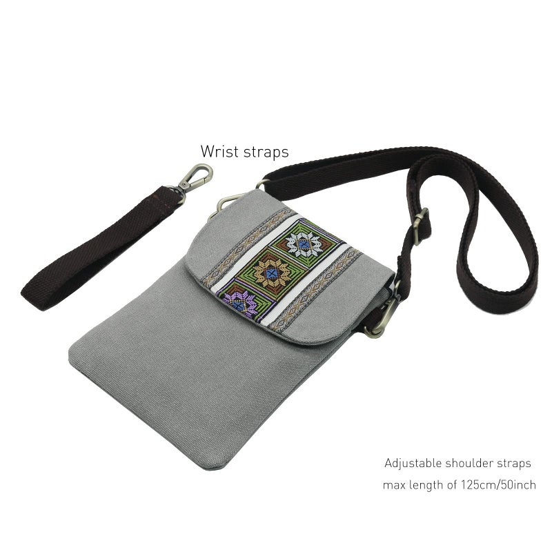 SILKAREA Vintage Embroidered Canvas Flip Small Crossbody Bag Cell Phone Pouch for Women Wristlet Wallet Bag Coin Purse (Light Grey) - Image 5