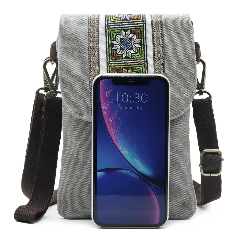 SILKAREA Vintage Embroidered Canvas Flip Small Crossbody Bag Cell Phone Pouch for Women Wristlet Wallet Bag Coin Purse (Light Grey) - Image 3