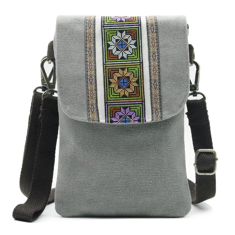 SILKAREA Vintage Embroidered Canvas Flip Small Crossbody Bag Cell Phone Pouch for Women Wristlet Wallet Bag Coin Purse (Light Grey) - Image 1