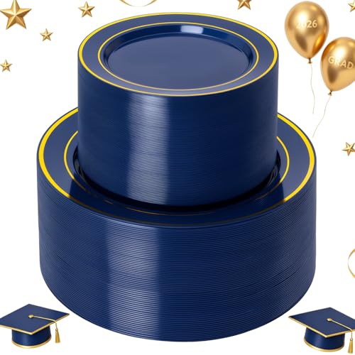 NOCCUR 200PCS Navy Blue Plastic Plates for 100 Guests - Include 100PCS 10" Dinner/ 100PCS 7" Dessert Disposable Plates Heavy Duty - Ideal for Party/Graduation/Memorial Day - Image 1