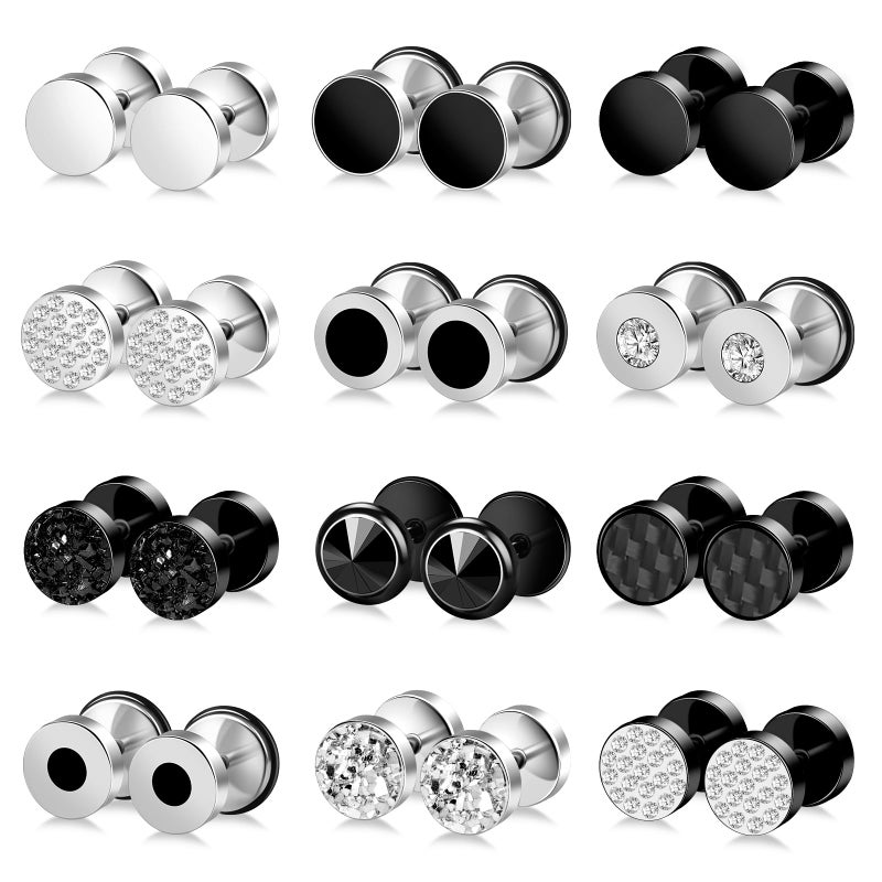 ONESING 12 Pairs Faux Gauge Earrings for Men Black Stud Earrings Silver Mens Earrings Faux Plugs Stainless Steel Earrings Set with Gift Box - Image 1