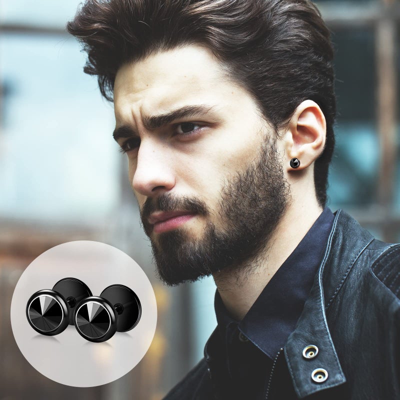 ONESING 12 Pairs Faux Gauge Earrings for Men Black Stud Earrings Silver Mens Earrings Faux Plugs Stainless Steel Earrings Set with Gift Box - Image 5