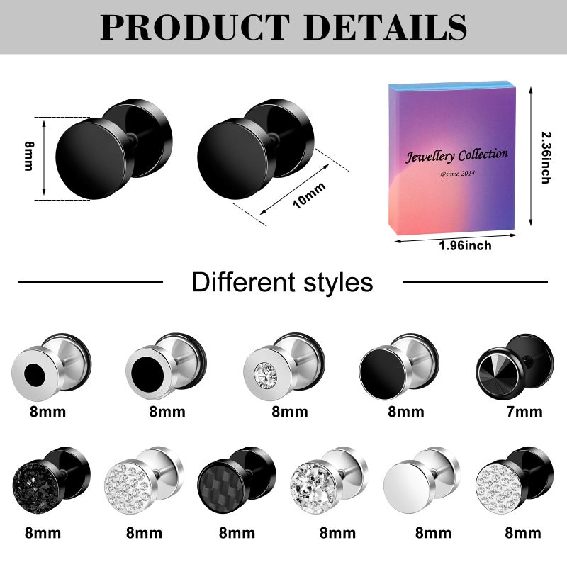 ONESING 12 Pairs Faux Gauge Earrings for Men Black Stud Earrings Silver Mens Earrings Faux Plugs Stainless Steel Earrings Set with Gift Box - Image 2