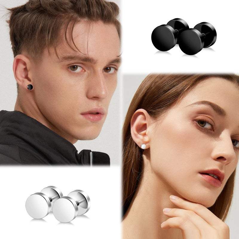 ONESING 12 Pairs Faux Gauge Earrings for Men Black Stud Earrings Silver Mens Earrings Faux Plugs Stainless Steel Earrings Set with Gift Box - Image 4