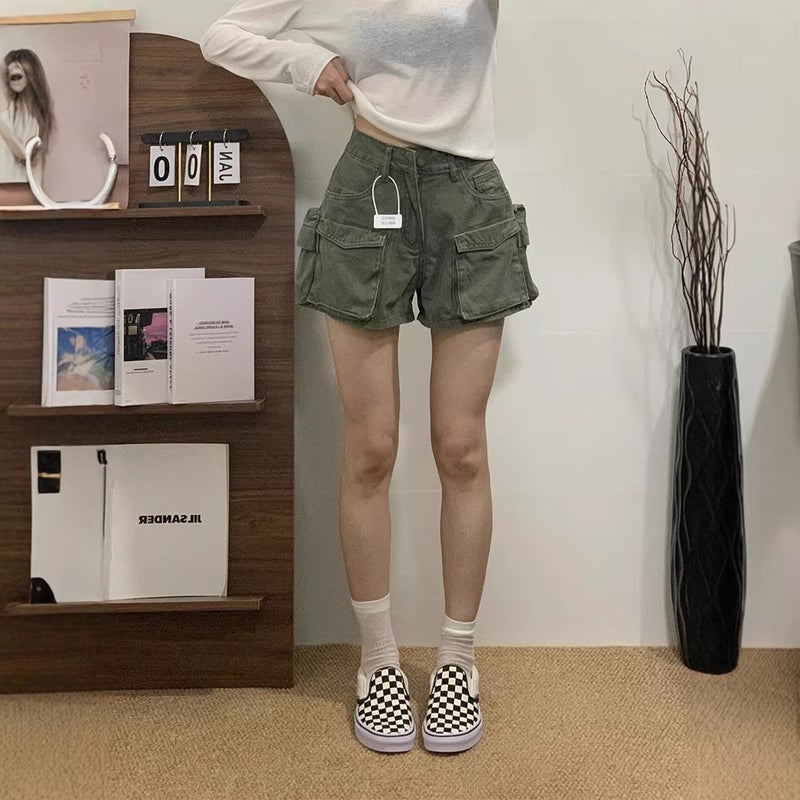 Women's Casual Green Cargo Shorts with High Waist and Wide Leg - Image 1