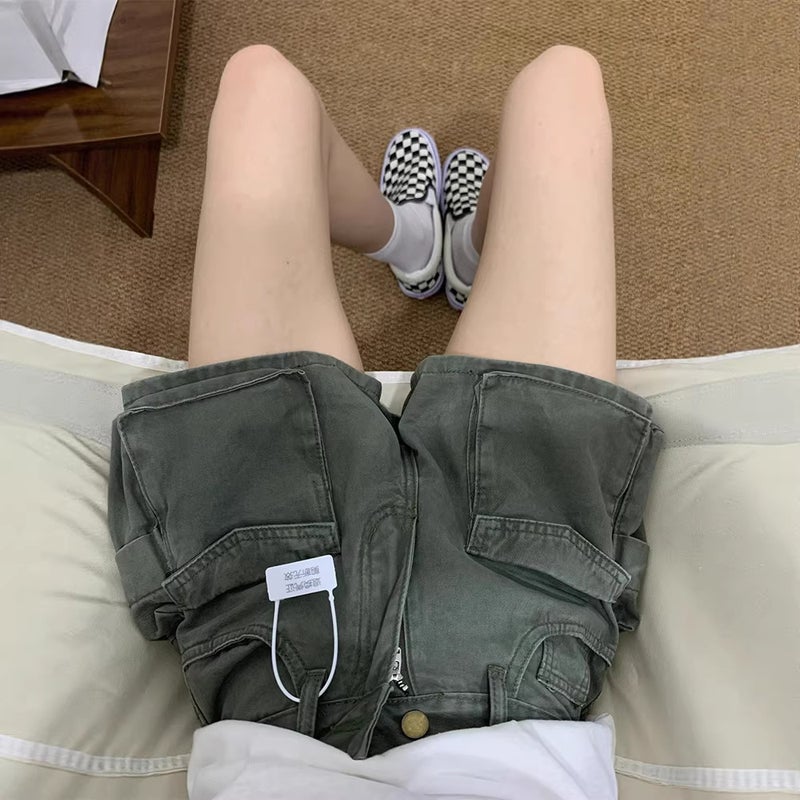 Women's Casual Green Cargo Shorts with High Waist and Wide Leg - Image 4