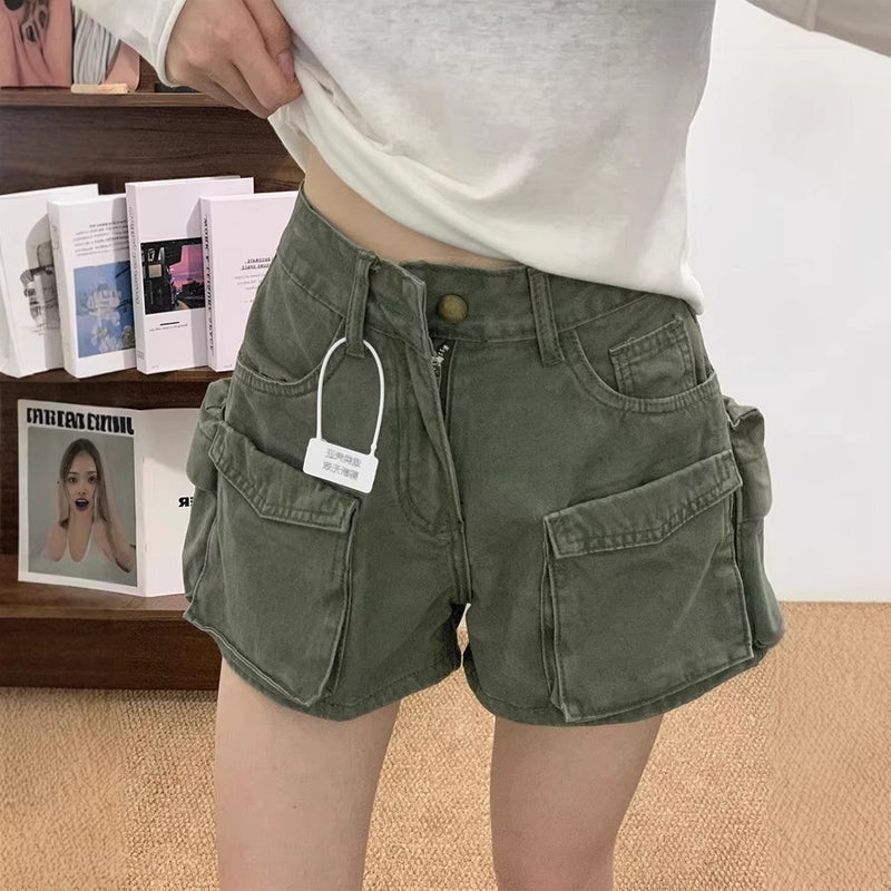Women's Casual Green Cargo Shorts with High Waist and Wide Leg - Image 3