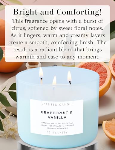 T H Grapefruit Vanilla 3-Wick Scented Soy Candle, 15.8 oz - Aromatherapy Citrus & Vanilla Candle, Long-Lasting Clean Burn, Strong Throw - Image 2