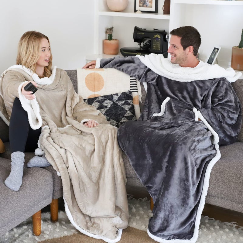 Catalonia Sherpa Wearable Blanket with Sleeves Arms, Comfy Sleeved TV Wrap Blanket, Large Snuggly Throw for Women and Men, Gift for Her - Image 3