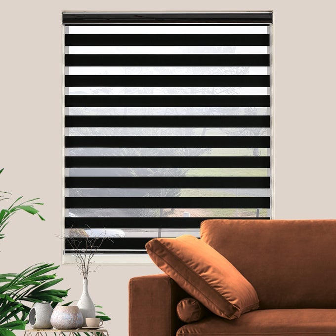 BLACKOUT ZEBRA BLINDS DUAL LAYER FREESTOP ROOM DARKENING ZEBRA SHADES BLINDS FOR INDOOR WINDOWS LIGHT FILTERING PRIVACY SHEER SHADE FOR HOME31 W X 72 H BLACK