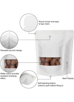 WAOKN 50 PCS Kraft Paper Stand Up Food Bags, Kraft Paper Food Storage Pouches, Reusable Ziplock Seal Bags, White Kraft Paper Food Packing Bag with Transparent Window, 18x26 cm  - Image 3