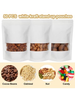 WAOKN 50 PCS Kraft Paper Stand Up Food Bags, Kraft Paper Food Storage Pouches, Reusable Ziplock Seal Bags, White Kraft Paper Food Packing Bag with Transparent Window, 18x26 cm  - Image 5