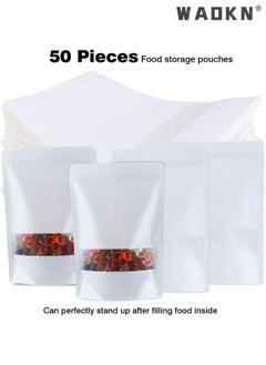 WAOKN 50 PCS Kraft Paper Stand Up Food Bags, Kraft Paper Food Storage Pouches, Reusable Ziplock Seal Bags, White Kraft Paper Food Packing Bag with Transparent Window, 18x26 cm  - Image 1