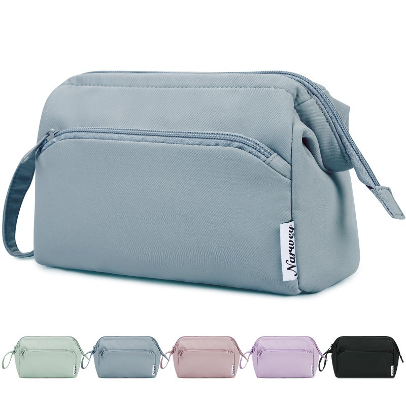 Narwey Wide-open Makeup Bag Women Make up Bag Travel Cosmetic Bag Organizer Toiletry Bag for Cosmetics Toiletries Accessories (Greyish Blue) - Image 1