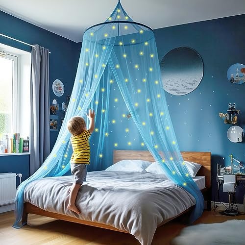 UB-STORE Blue Canopy for Girls Bed with Pre-Glued Glow in The Dark Stars - Princess Mosquito Net Room Decor - Kids & Baby Bedroom Tent with Galaxy Lights - 1 Opening Canopy Bed & Hanging Kit Included - Image 1