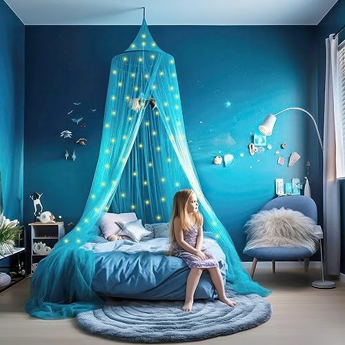 UB-STORE Blue Canopy for Girls Bed with Pre-Glued Glow in The Dark Stars - Princess Mosquito Net Room Decor - Kids & Baby Bedroom Tent with Galaxy Lights - 1 Opening Canopy Bed & Hanging Kit Included - Image 2