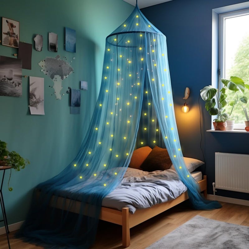 UB-STORE Blue Canopy for Girls Bed with Pre-Glued Glow in The Dark Stars - Princess Mosquito Net Room Decor - Kids & Baby Bedroom Tent with Galaxy Lights - 1 Opening Canopy Bed & Hanging Kit Included - Image 5